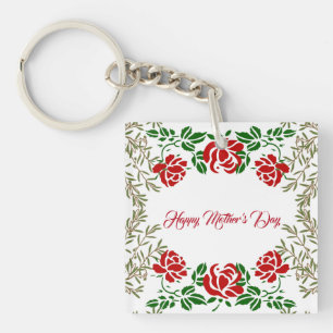 Porte-clés Joyeuse Fête des mères Rose rouge Floral Vert mign