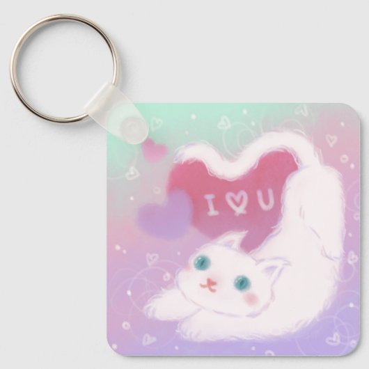 Porte-clés Joyeuse Saint-Valentin avec chat blanc duveteux (Recto)