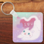 Porte-clés Joyeuse Saint-Valentin avec chat blanc duveteux (Recto)