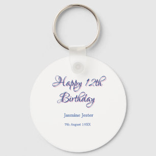 Porte-clés joyeux 12ème anniversaire bleu rose nom date simpl