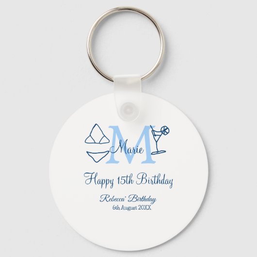 Porte-clés Joyeux 15e anniversaire bleu ajouter nom monogramm (Recto)