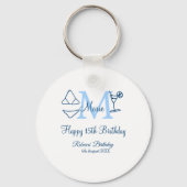 Porte-clés Joyeux 15e anniversaire bleu ajouter nom monogramm (Verso)