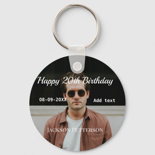 Porte-clés Joyeux 20e anniversaire simple photo ajouter nom d (Recto)