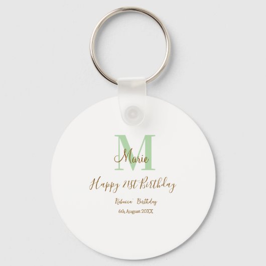 Porte-clés Joyeux 21e Anniversaire vert ajouter nom monogramm (Recto)