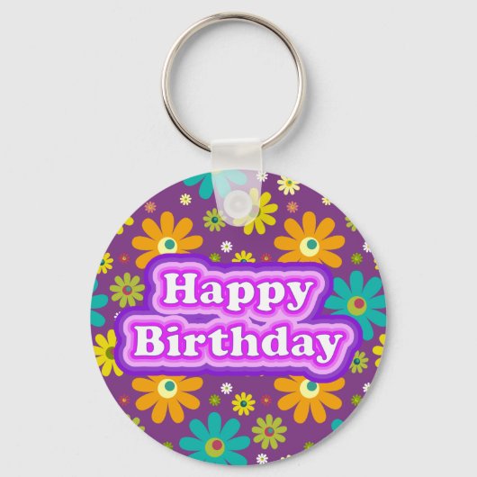 Porte-clés Joyeux anniversaire Hippie Fleurs (Recto)