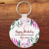 Porte-clés Joyeux Anniversaire Sweet 16 Parti faveur rose flo (Recto)