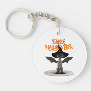 Porte-clés Joyeux Halloween. Chat avec ailes et casquette de