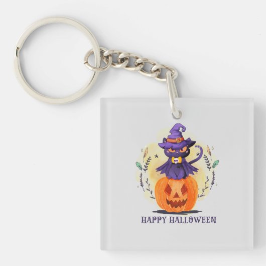 Porte-clés Joyeux Halloween - Chat noir sorcier (Devant)