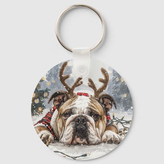 Porte-clés Joyeux Noël anglais Bulldog Reindeer (Recto)
