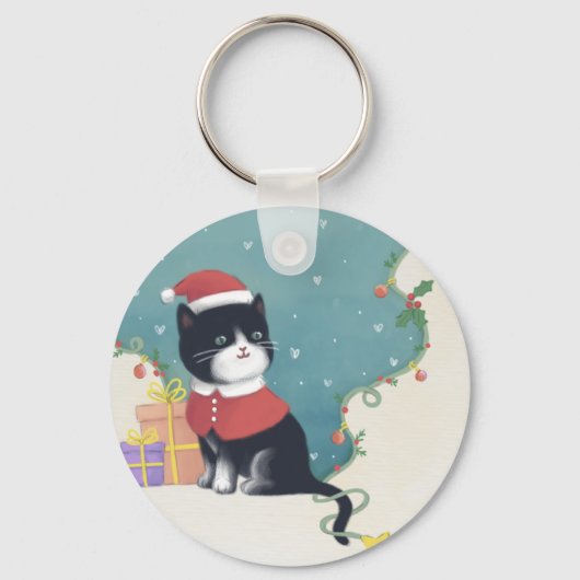 Porte-clés Joyeux Noël : Art d'illustration de chat (Recto)
