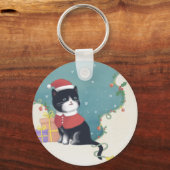 Porte-clés Joyeux Noël : Art d'illustration de chat (Recto)