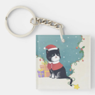 Porte-clés Joyeux Noël : Art d'illustration de chat