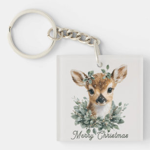 Porte-clés Joyeux Noël au faon mignon - Faon à l'aquarelle