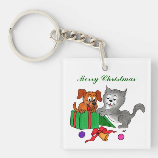 Porte-clés Joyeux Noël avec chat et chiot (Devant)