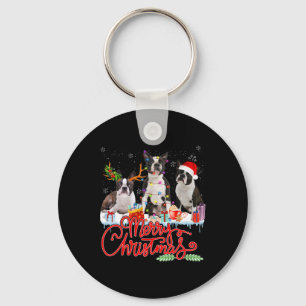 Porte-clés Joyeux Noël Boston Terrier Père Noël Reindeer Ligh