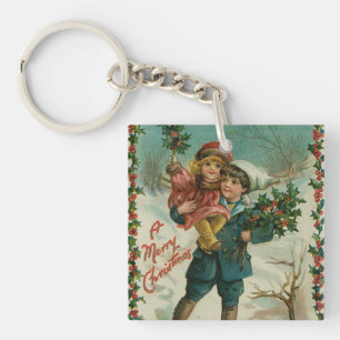 Porte-clés Joyeux Noël - carte postale rétro, enfants, houx