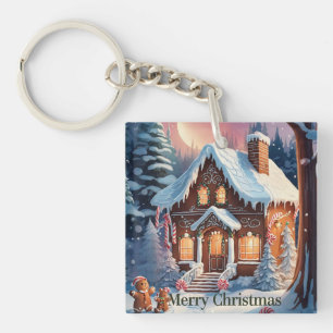 Porte-clés Joyeux Noël Maison en Pain d'Épices Neige Vintage
