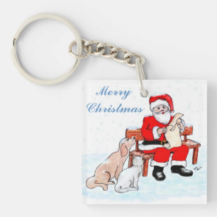 Porte-clés Joyeux Noël - Père Noël avec chat et chien