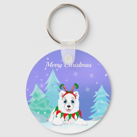 Porte-clés Joyeux Noël Samoyé Avec Un Bouton Elf (Recto)