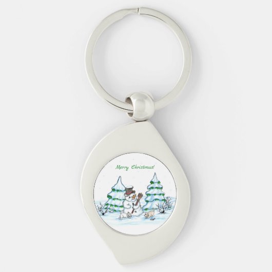 Porte-clés Joyeux Noël ! Snowman avec chat et chiot (Devant)
