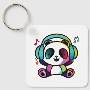 Porte-clés Joyeux Panda avec écouteurs écoutant de la musique