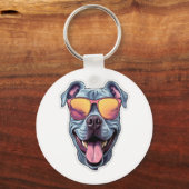 Porte-clés Joyeux Pitbull bleu portant des lunettes de soleil (Recto)