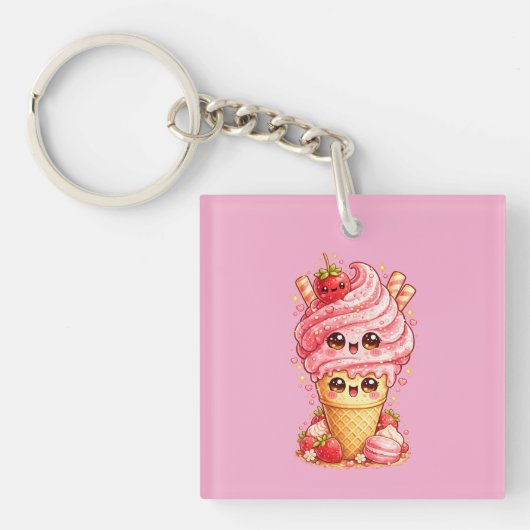 Porte-clés Kawaii Cône de Glace à la Fraise (Devant)