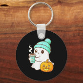 Porte-clés Kawaii Ghost With Pumpkin Coffee Cozy Halloween Au (Recto)