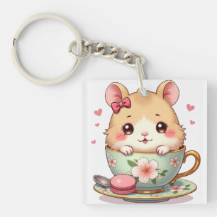 Porte-clés Kawaii Hamster à la Théière – Animal Pastel Mignon