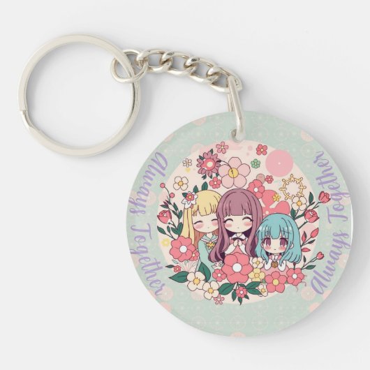Porte-clés Kawaii Trio - Mignonnes Filles Anime & Vibes Flora (Devant)