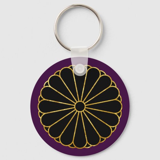 Porte-clés Kiku Chrysanthemum Mon en faux or sur violet (Recto)