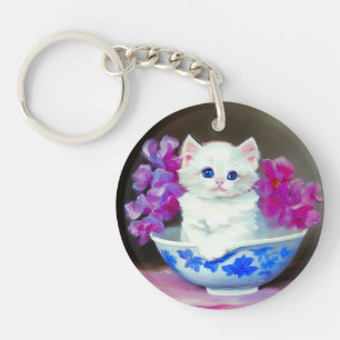 Porte-clés Kitten blanc vintage aux fleurs roses