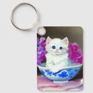 Porte-clés Kitten blanc vintage aux fleurs roses