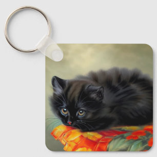 Porte-clés Kitten noir vintage avec couverture de fleurs roug