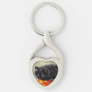 Porte-clés Kitten noir vintage avec couverture de fleurs roug