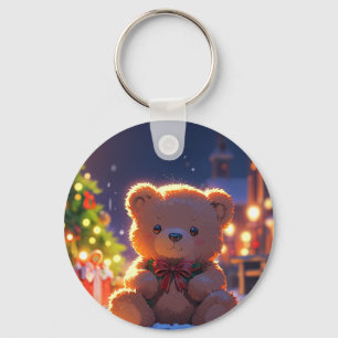 Porte-clés La magie de Noël de l'ours en peluche dans un vill