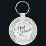Porte-clés La servante d'honneur Mariage de la couronne d'Euc<br><div class="desc">Ces porte - clés sont conçus pour offrir une faveur ou un cadeau à la servante d'honneur de votre mariage. Elles présentent une aquarelle rustique peinte à la main avec une couronne de feuilles d'eucalyptus, des fleurs de lavande et du feuillage dans les tons vert sauge et violet clair. Le...</div>
