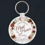 Porte-clés La servante d'honneur Rustic Fall Floral Wreath Ma<br><div class="desc">Ces porte - clés sont conçus pour offrir une faveur ou un cadeau à la servante d'honneur de votre mariage. Elles présentent une aquarelle rustique peinte à la main avec une couronne de roses et un feuillage dans les tons de bois brûlé, d'orange rouille et de pêche au corail. Le...</div>