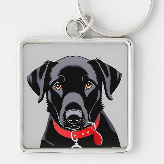 Porte-clés Labrador noir avec collier rouge (Devant)