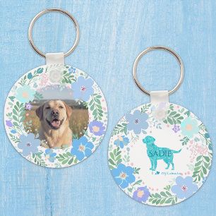 Porte-clés Labrador Retriever personnalisé photo bleu pastel 