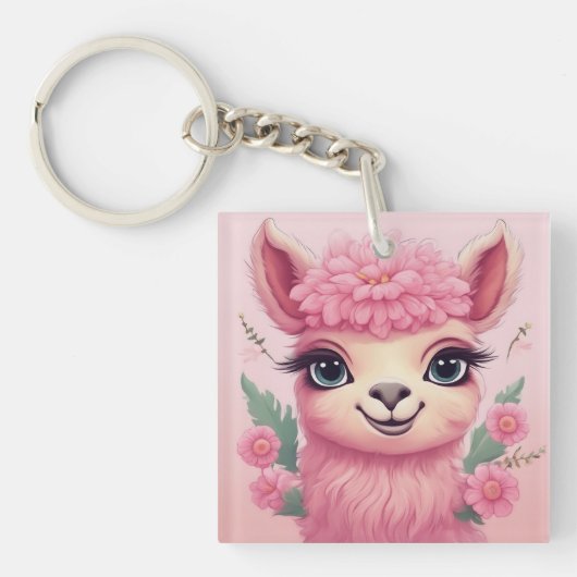 Porte-clés Lama bébé rose souriant (Devant)