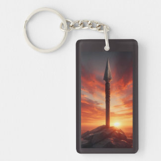 Porte-clés Lance Épique dans un Paysage de Coucher de Soleil
