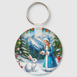 Porte-clés Lapin Blanc et Jeune Fille des Neiges en Forêt hiv