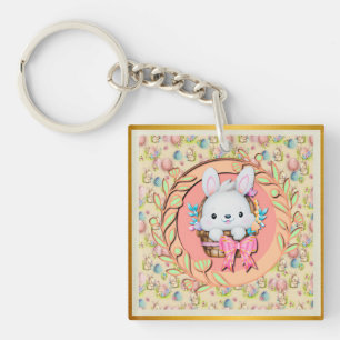 Porte-clés Lapin de Pâques mignon assis dans le panier