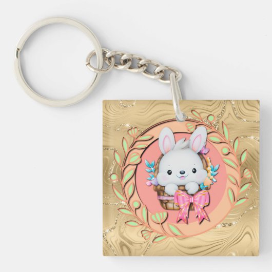 Porte-clés Lapin de Pâques mignon assis dans le panier (Devant)