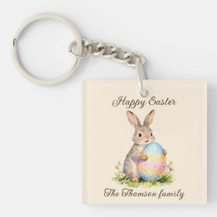 Porte-clés Lapin de Pâques vintage joyeux avec famille d'oeuf