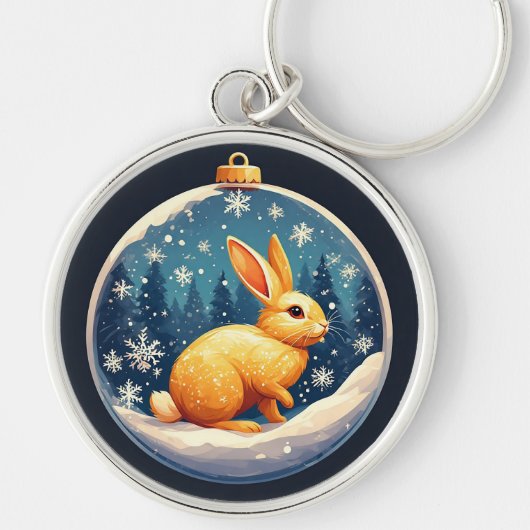 Porte-clés Lapin doré assis dans un globe de neige festif (Devant)