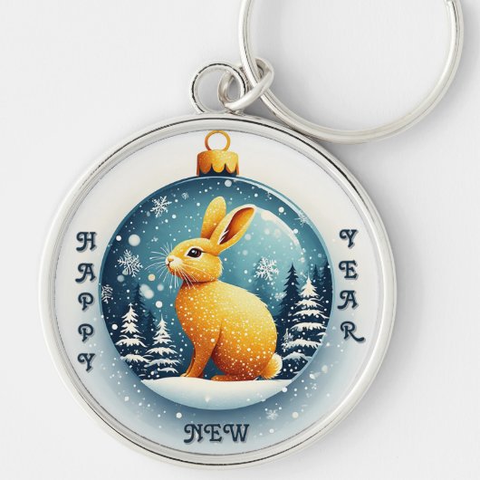 Porte-clés Lapin doré assis dans un globe de neige festif (Devant)