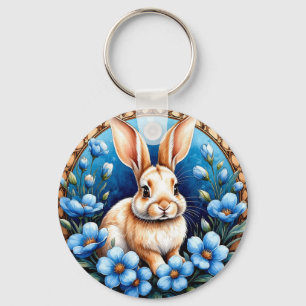 Porte-clés Lapin entouré de fleurs bleues