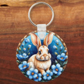 Porte-clés Lapin entouré de fleurs bleues (Recto)